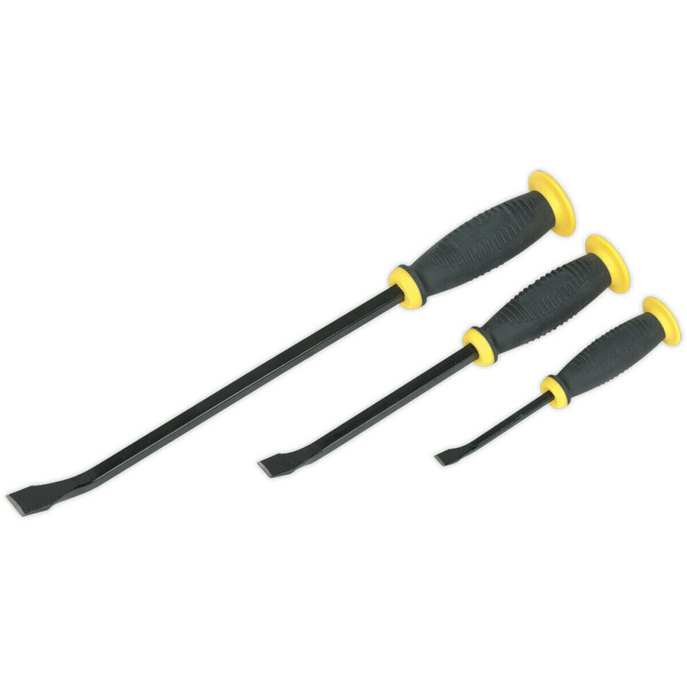 3 Piece Angled Pry Bar Set - Hammer Caps - Heat Treated Steel Shafts - Soft Grip