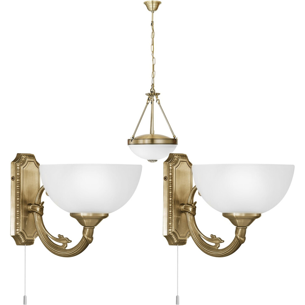 Loops Ceiling Pendant & 2X Matching Wall Lights Antique & Satin Glass Shade Bronze