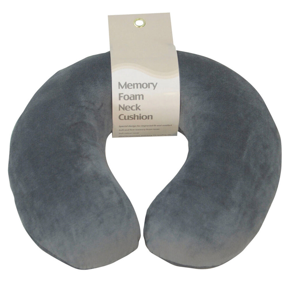 Memory Foam Neck Travel Cushion - Soft Velour Removeable Cover - Grey Fabric