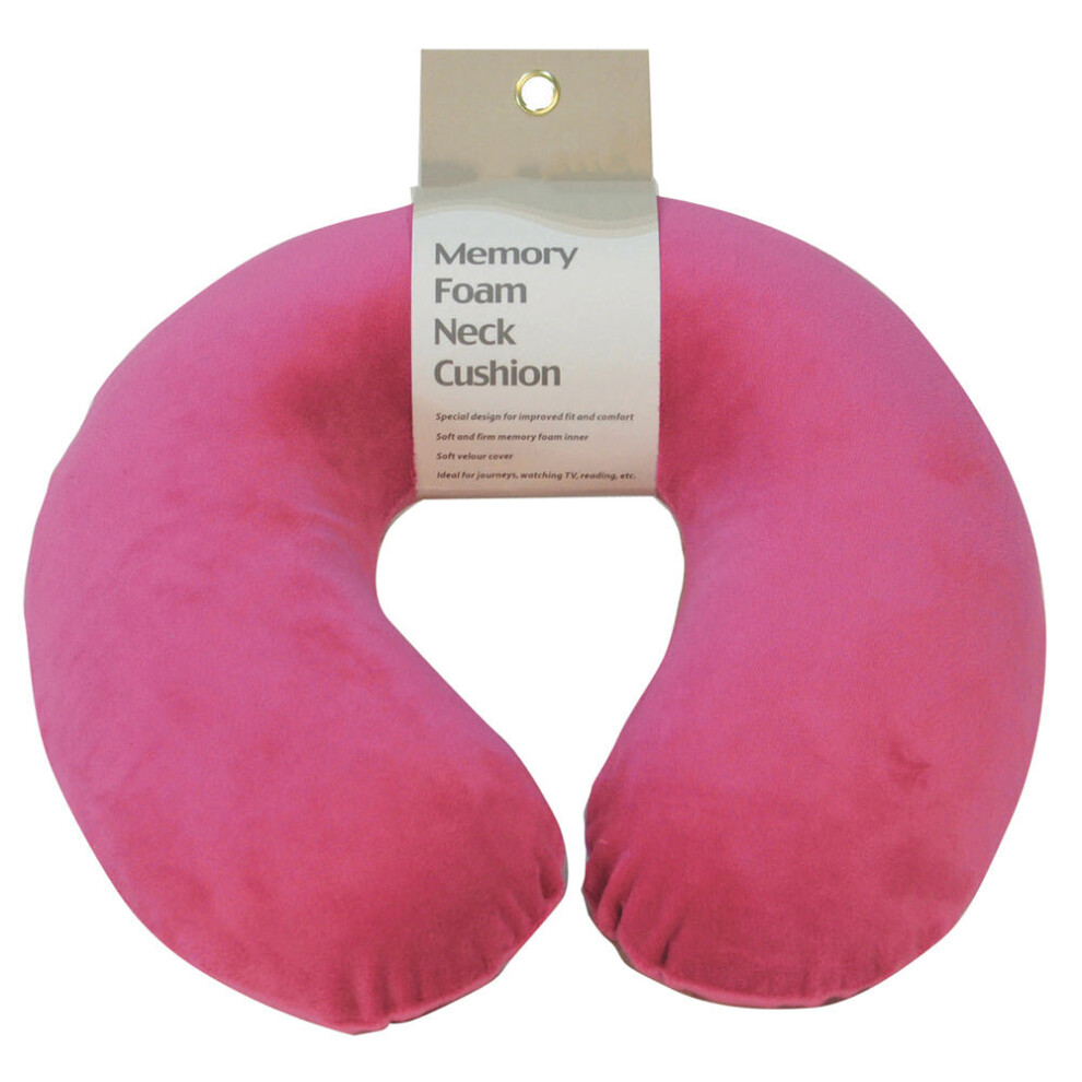 Memory Foam Neck Travel Cushion - Soft Velour Removeable Cover - Hot Pink Fabric