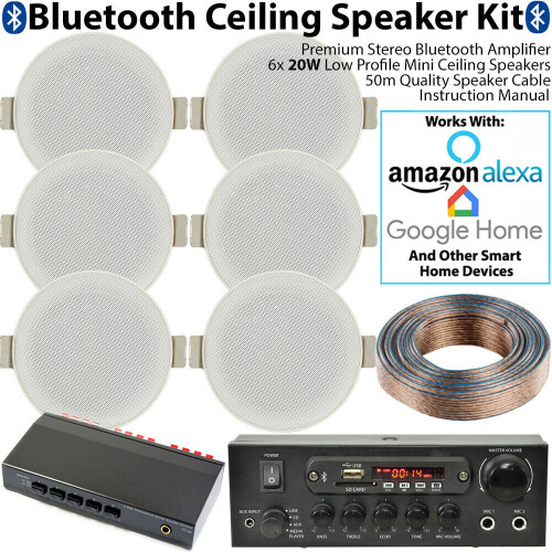 Loops Bluetooth Ceiling Music Kit 3 Zone Stereo Amp & 6x Low Profile HiFi Speaker 1
