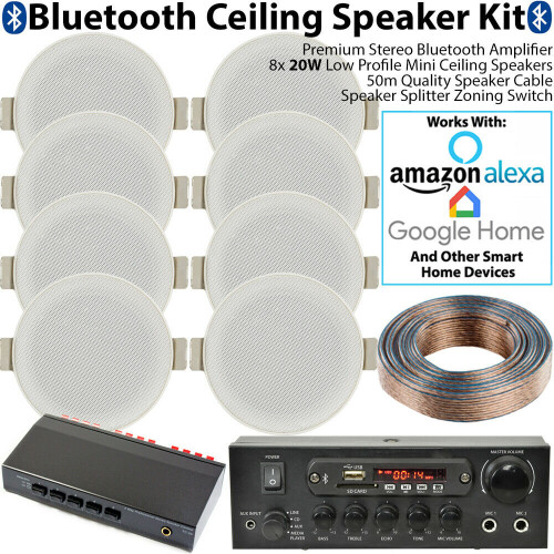 Loops Bluetooth Ceiling Music Kit 4 Zone Stereo Amp & 8x Low Profile HiFi Speaker 1