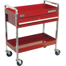 Heavy Duty 2 Level Workshop Trolley - Lockable Drawer - 80kg Per Shelf - Red
