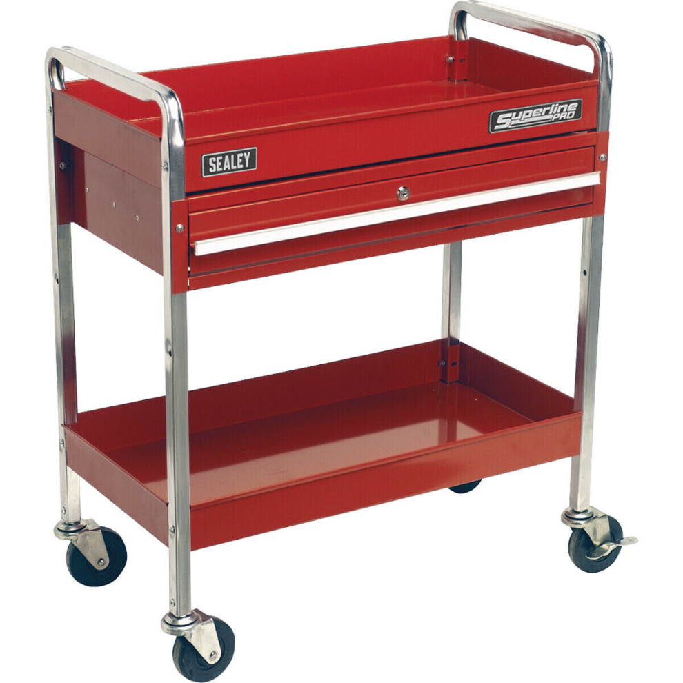 Heavy Duty 2 Level Workshop Trolley - Lockable Drawer - 80kg Per Shelf - Red