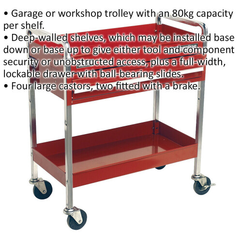Loops Heavy Duty 2 Level Workshop Trolley - Lockable Drawer - 80kg Per Shelf - Red 1