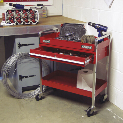 Loops Heavy Duty 2 Level Workshop Trolley - Lockable Drawer - 80kg Per Shelf - Red 2