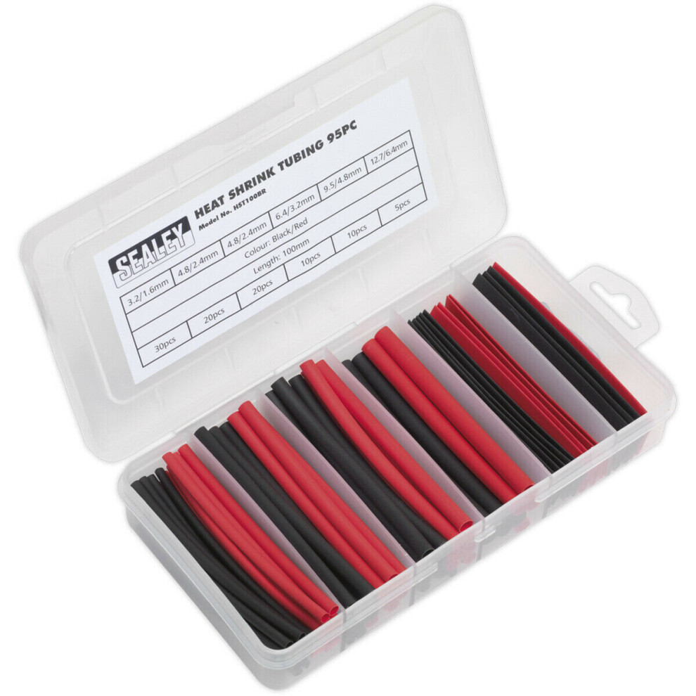 95 Piece Black & Red Heat Shrink Tubing Assortment - 100mm Length - Thin Walled