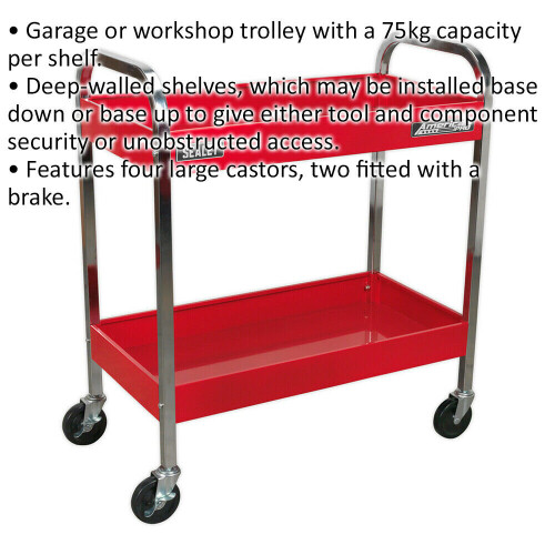 Loops Heavy Duty 2 Level Workshop Trolley - 75kg Per Shelf - Four Castor Wheels 1