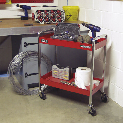 Loops Heavy Duty 2 Level Workshop Trolley - 75kg Per Shelf - Four Castor Wheels 2
