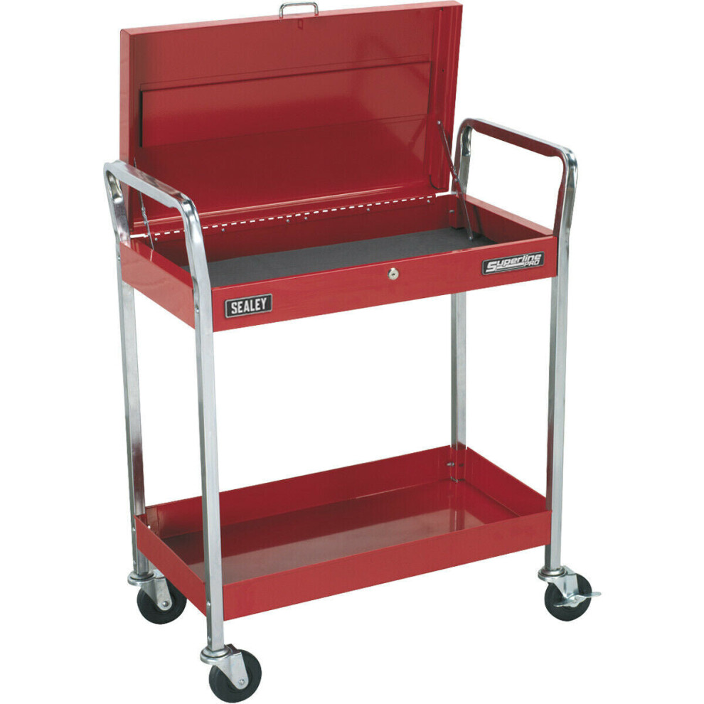 Heavy Duty 2 Level Workshop Trolley - Lockable Top - 80kg Per Shelf - Red