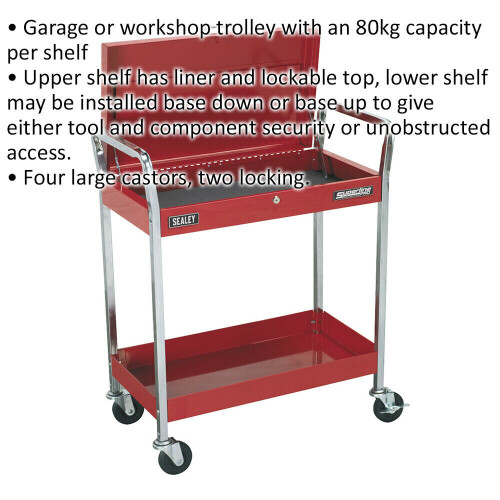 Loops Heavy Duty 2 Level Workshop Trolley - Lockable Top - 80kg Per Shelf - Red 1