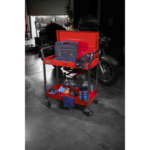 Loops Heavy Duty 2 Level Workshop Trolley - Lockable Top - 80kg Per Shelf - Red 2