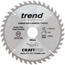 Trend CSB/18440A Craft Pro Trimming Crosscut TCT Blade for Circular Saws, 184mm x 40 Teeth x 30mm Bore, Tungsten Carbide Tipped