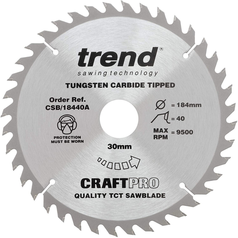 Trend CSB/18440A Craft Pro Trimming Crosscut TCT Blade for Circular Saws, 184mm x 40 Teeth x 30mm Bore, Tungsten Carbide Tipped