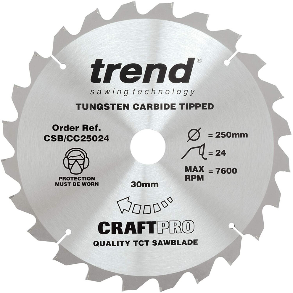 Trend CSB/CC25024 Craft Pro Negative Hook Crosscutting TCT Circular Blade Ideal for Einhell TE SM2534 Table/Mitre Saws, Tungsten Carbide Tipped, 250mm
