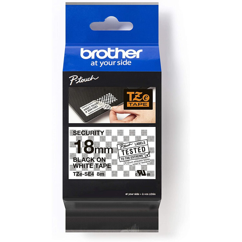 Brother TZe-SE4 Labelling Tape Cassette, Black on White, 18mm (W) x 8M (L), Security, Brother Genuine Supplies