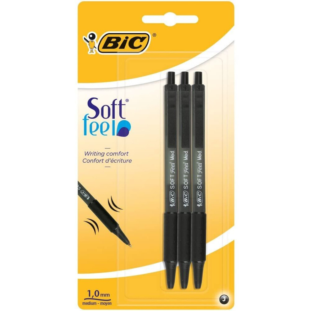 BIC Soft Feel Ballpoint Pens - Black - Pack of 3 Pens - Medium Point (1.0 mm) with Rubber Grip for Comfort