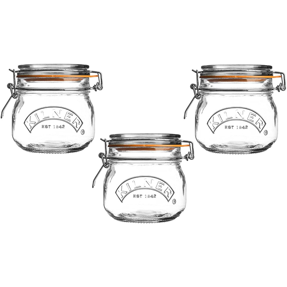 Kilner Set of 3 Top Round Jars|0.5 Litre Capacity Orange Seal and Stainless Steel Clip Fastening|Perfect for Storage & Preserving