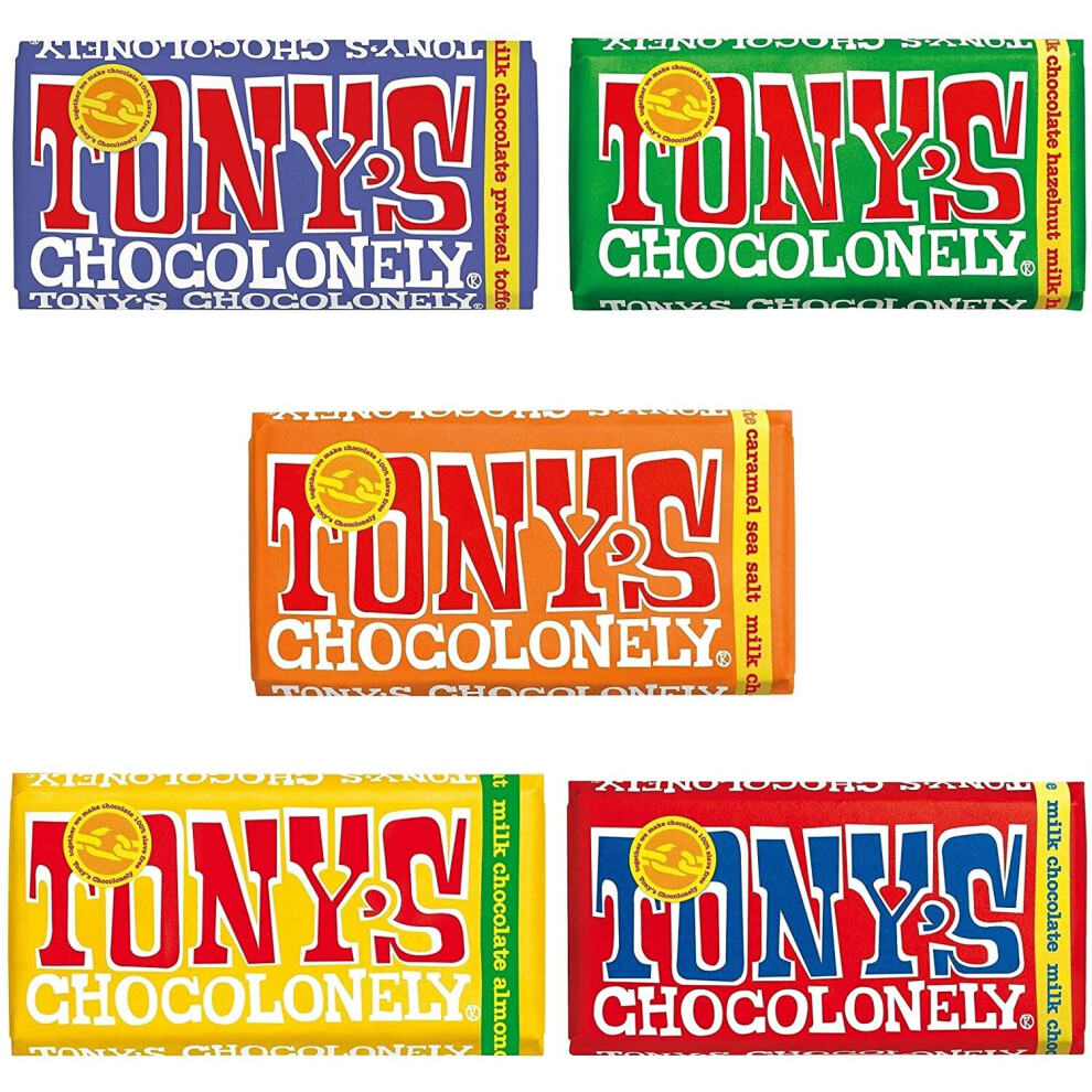 Tony's Chocolonely Chocolate 180g - 5 Pack, Mix of All 5 Milk Chocolate Flavours