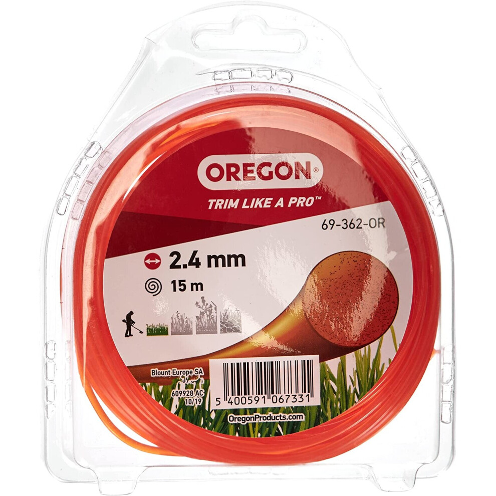 Oregon Round strimmer Line/Wire for Grass strimmers, Universal Replacement Line Fits All Standard strimmer Heads, 2.4 mm x 15 m, Orange (69-362-OR)