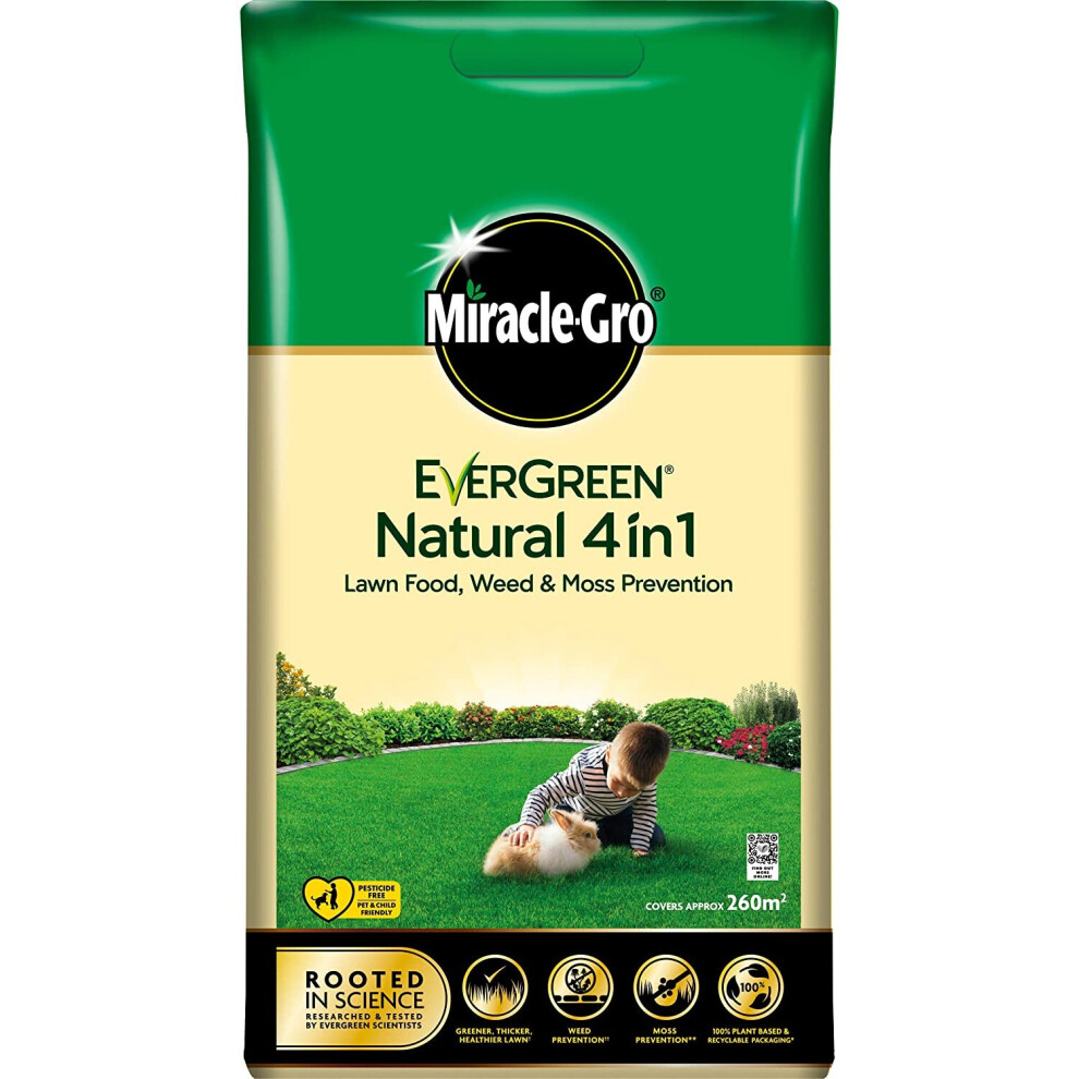 Miracle-Gro Natural 4 in1-LAWN Feed, Weed & Moss PREVENTOR Lawn Fertiliser, Yellow, 260 mÂ²