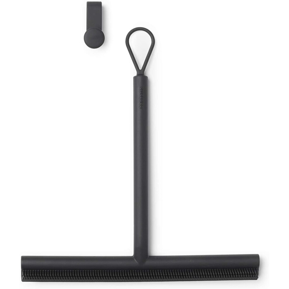 Brabantia Silicone Shower Squeegee With Hook (Dark Grey) Anti Streak Cleaning Wiper For Bathroom Glass, Plastic, Tile - Doublesided Brush & Rim Design