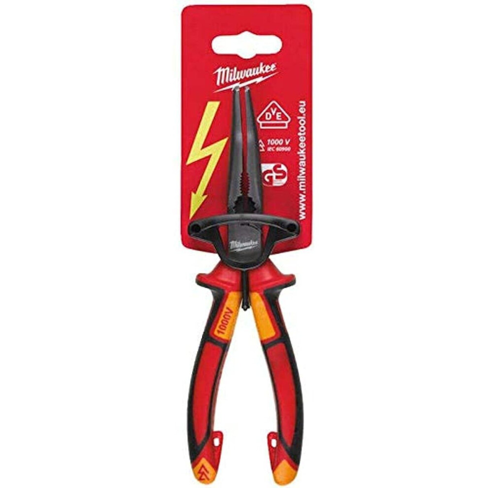 Milwaukee 932464565 VDE Long 45° Round Nose Pliers 205mm, Red
