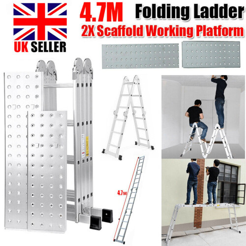 4.7M Folding Ladder Aluminium Multi-Purpose Extendable w/Platform UK