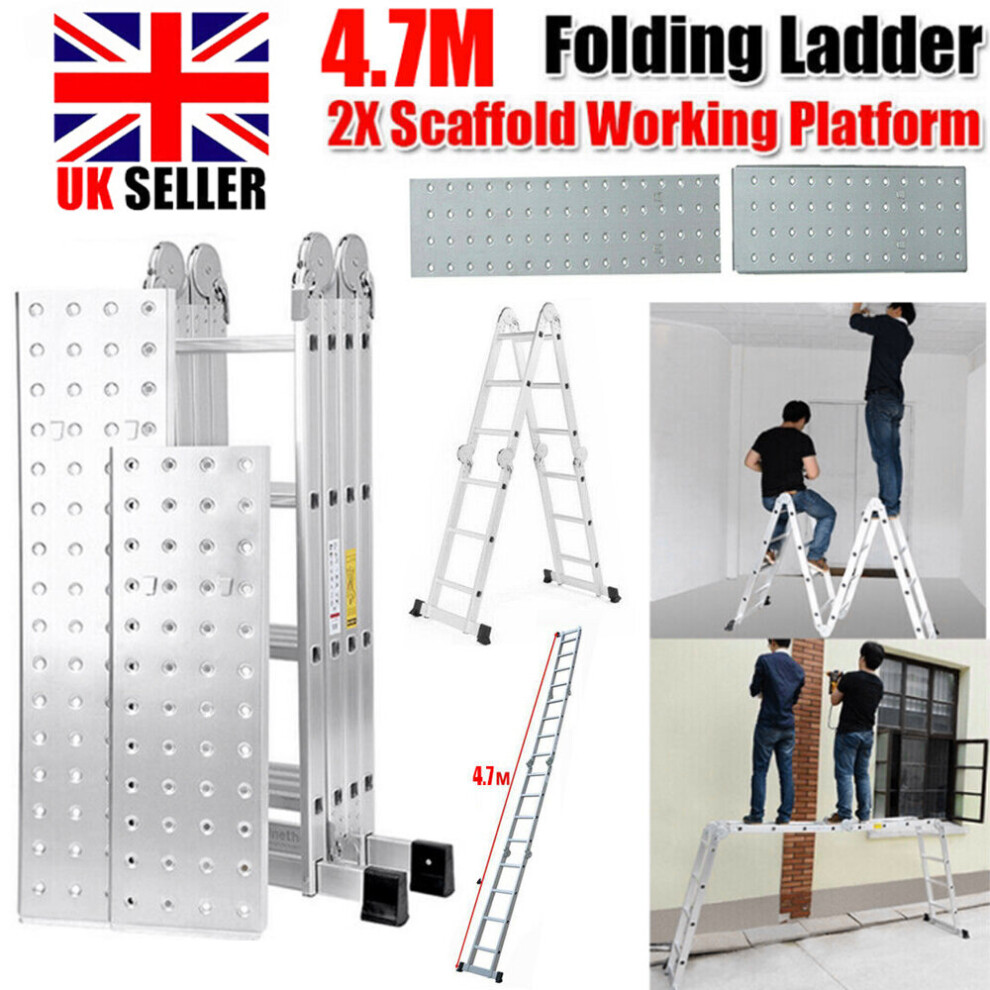 4.7M Folding Ladder Aluminium Multi-Purpose Extendable W/Platform Uk 097239240314