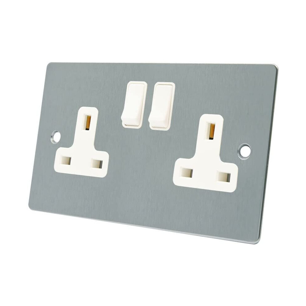 AET FSC2GSOCWH Satin Chrome Flat 2 Gang White Insert Plastic Rocker Switches-13 Amp Double Plug Socket, 240 V