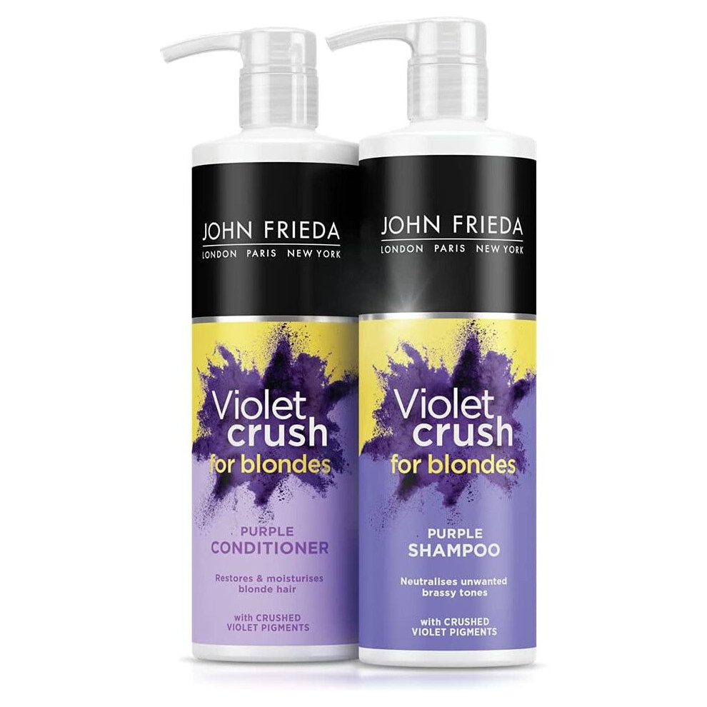 John Frieda Violet Crush Neutralising + Tone Correcting Shampoo + Conditioner Set 2 x 500ml Removes Brassy Tones with Crushed Violet Pigments Large