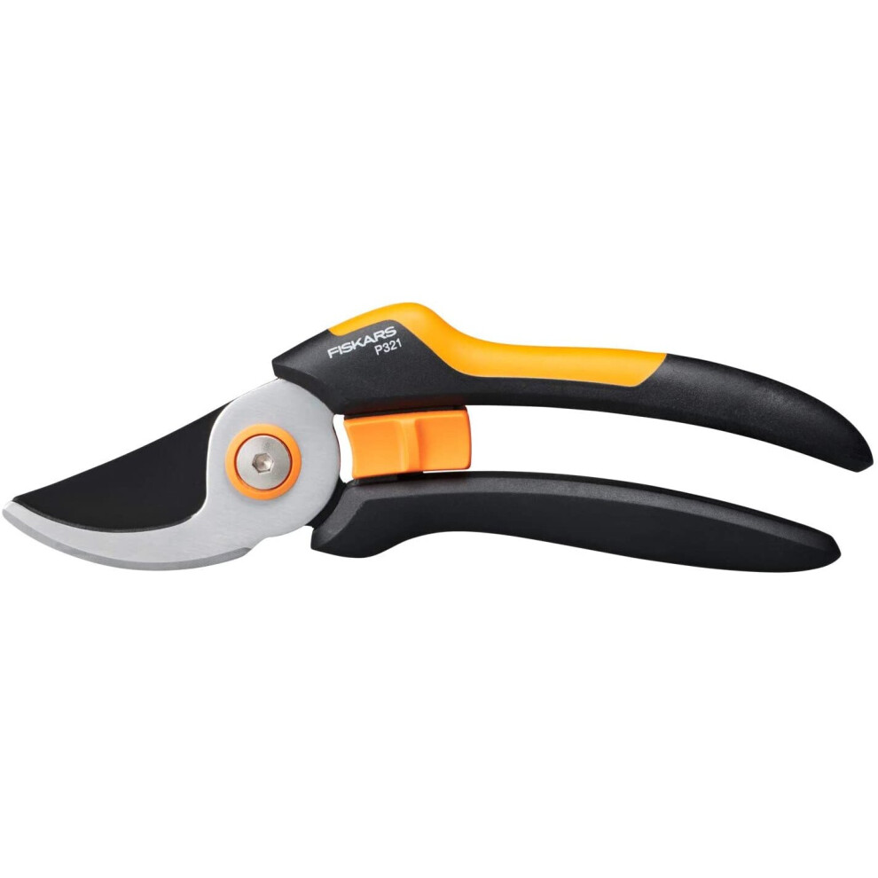 Fiskars Bypass Garden Pruners M, Solid, P321, For Fresh Branches And twigs, Non-stick coated, Stainless Steel blades, Length: 20.1 cm, Black/Orange