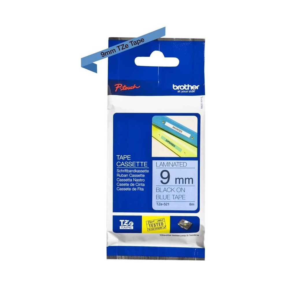 Brother TZe-521 Labelling Tape Cassette, 9 mm (W) x 8 m (L), Laminated, Brother Genuine Supplies - Black on Blue