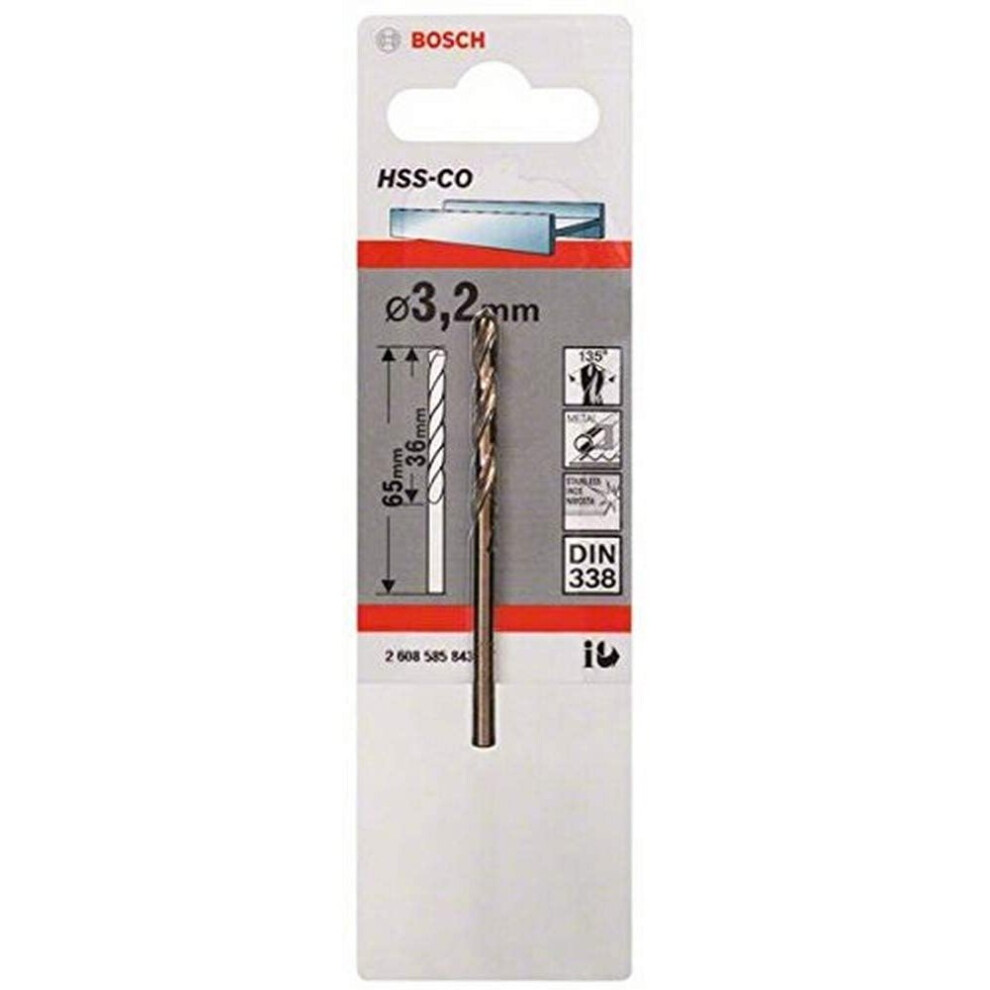 Bosch Professional 2608585843 Hss-Co Metal Drill Bit (Stainless Steel, 3.2 X 36 X 65 Mm, Accessory Drill Driver) Gold