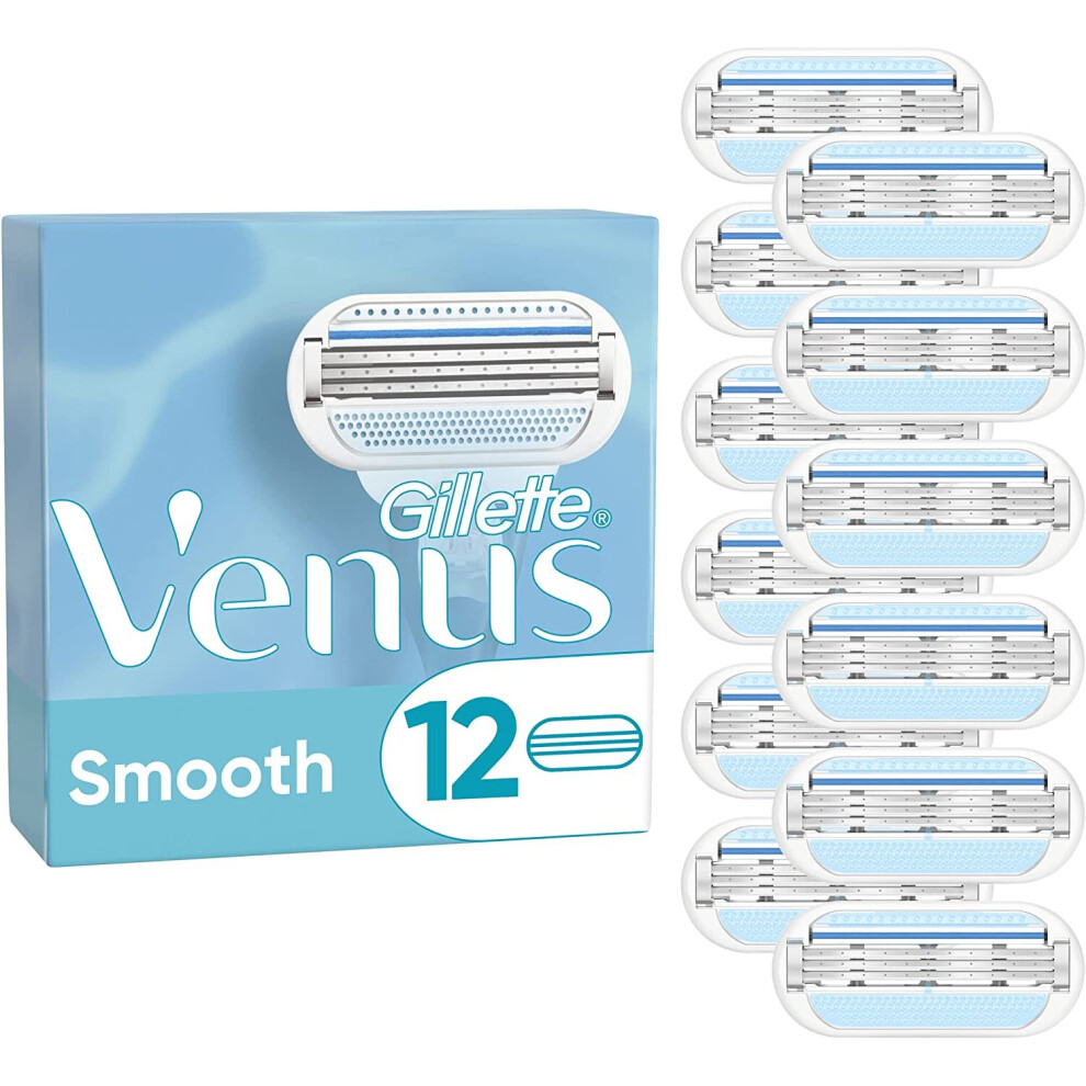 Gillette Venus Smooth Women's Razor Blade Refills, Pack of 12, 3 curve-hugging blades surrounded by protective cushions