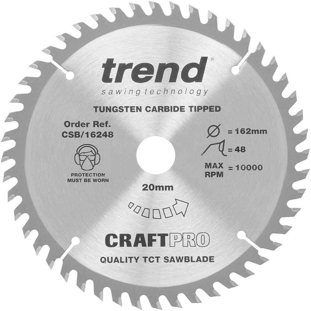 Trend Csb/16248 Craft Pro Trimming Crosscut Tct Blade For Circular Saws, 162Mm X 48 Teeth X 20Mm Bore, Tungsten Carbide Tipped