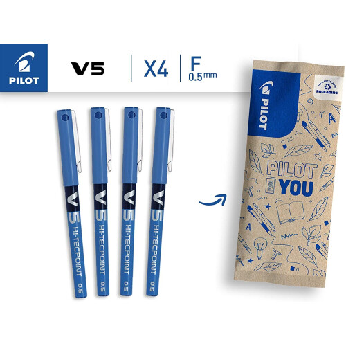 Pilot Pilot V5 Liquid Ink Rollerball 0.5mm Tip - Blue, Pack of 4 1