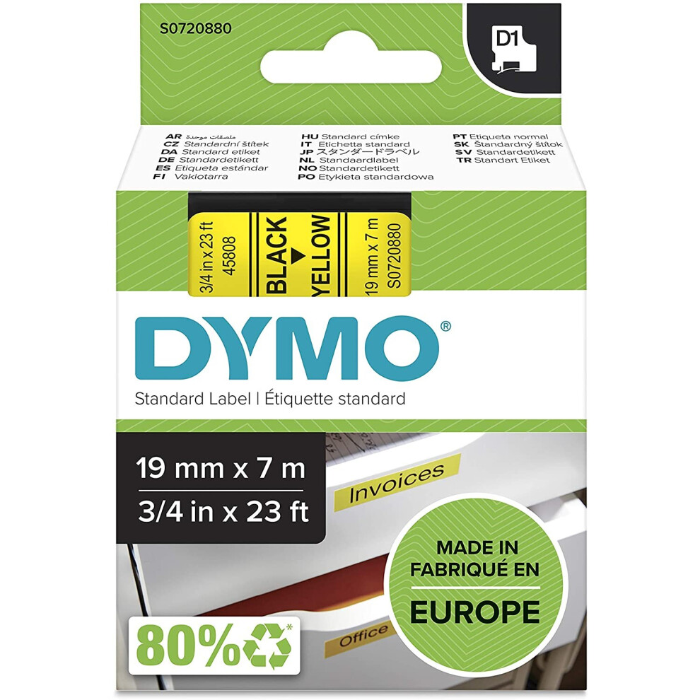 DYMO D1 Labels, Black Print on Yellow, 19 mm x 7 m, Self-Adhesive Labels for LabelManager Label Printers, Authentic