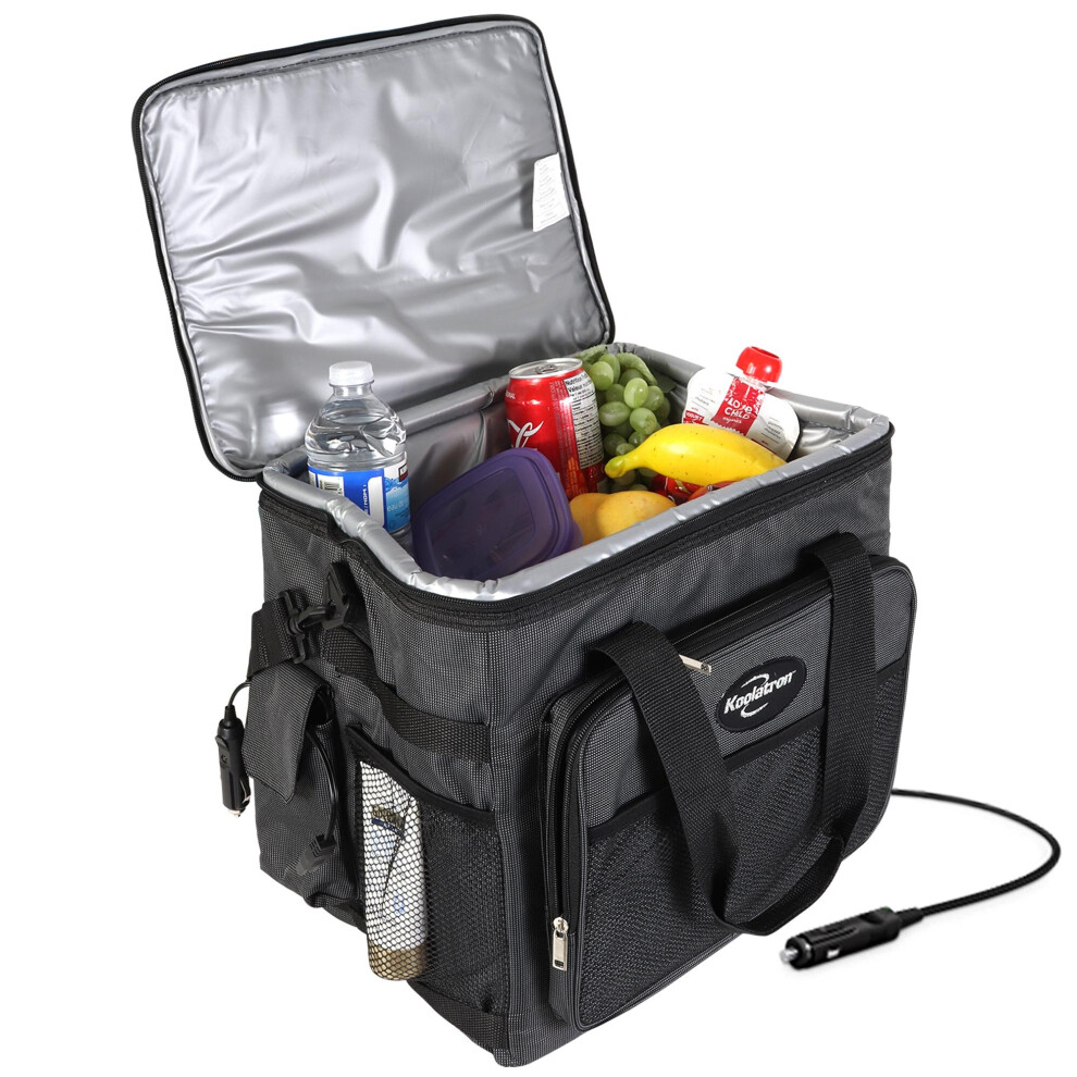 D25 Hybrid Portable 12V Cooler Bag with Shoulder Strap, 24.5L / 26 qt Soft-Sided Iceless Thermoelectric Travel Fridge, Grey and Black