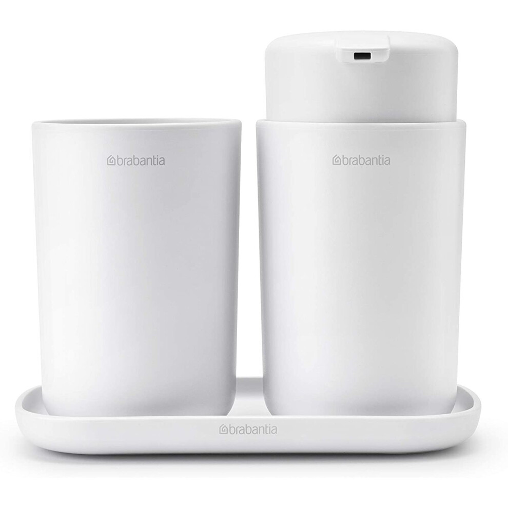Brabantia Renew 3 Piece Bathroom Accessory Set (White) Refillable Handwash Soap Dispenser, Toothbrush Holder & Tray White