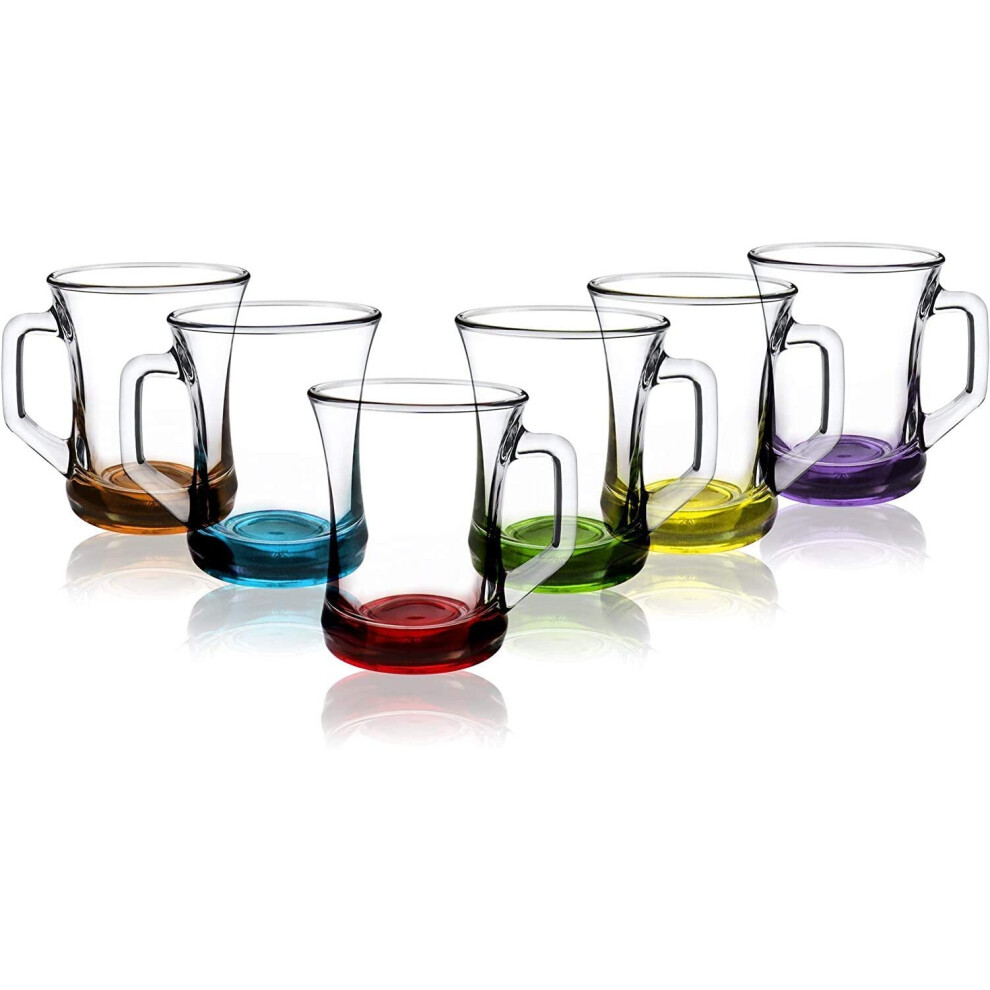 Lav (Set of 6) Hot Drink Mugs/Coloured Base Tea Coffee Latte Cappuccino Glasses/Glass Drink Cups /(225 cc / 7.5 oz)