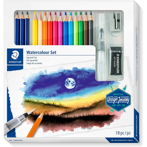Staedtler STAEDTLER Design Journey Watercolour Set of Mars Lumograph Pencils, Watercolour Pencils, A Water Brush and Accessories