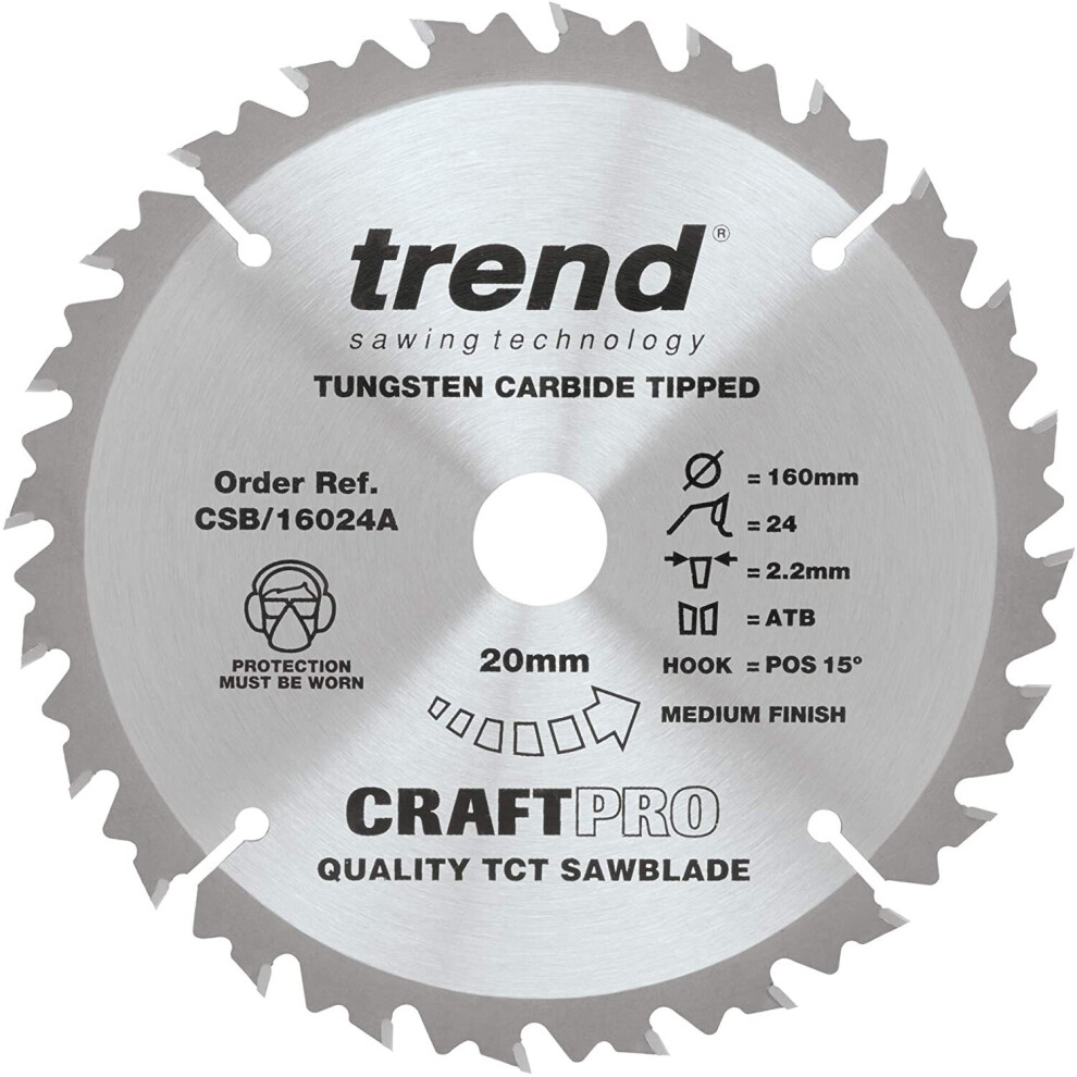 Trend Csb/16024A Craft Pro Combination Tct Circular Saw Blade, 160Mm X 24 Teeth X 20Mm Bore, Tungsten Carbide Tipped