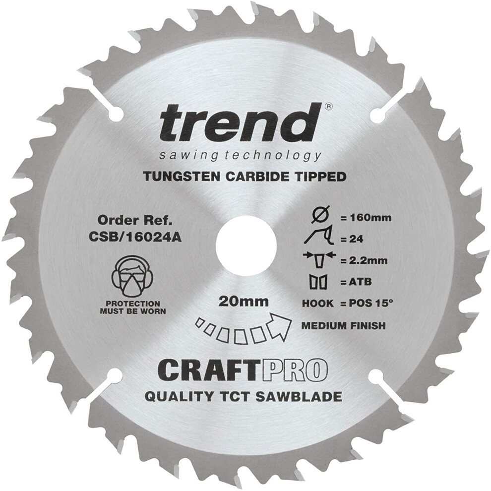 Trend CSB/16024A Craft Pro Combination TCT Circular Saw Blade, 160mm x 24 Teeth x 20mm Bore, Tungsten Carbide Tipped