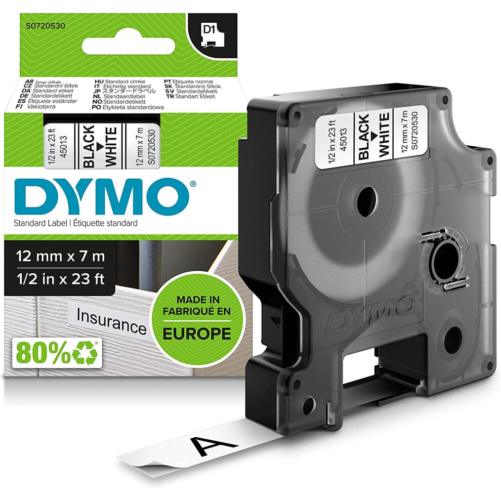 DYMO D1 Labels, Black Print on White, 12 mm x 7 m, Self-Adhesive Labels for LabelManager Label Printers, Authentic