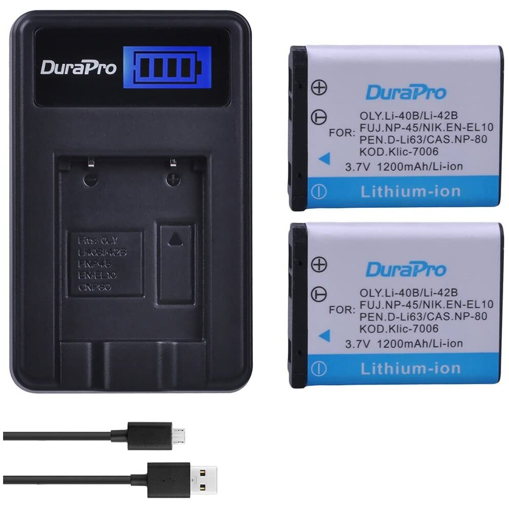 Durapro 2Pcs 3.7V 1200Mah En-El10 Li-40B Li 40B 42B Battery + Lcd Usb Charger For Olympus Li-42B Np-45,For Nikon En-El10 D-Li63 D-Li108 Np-80 Cnp80 714973121173