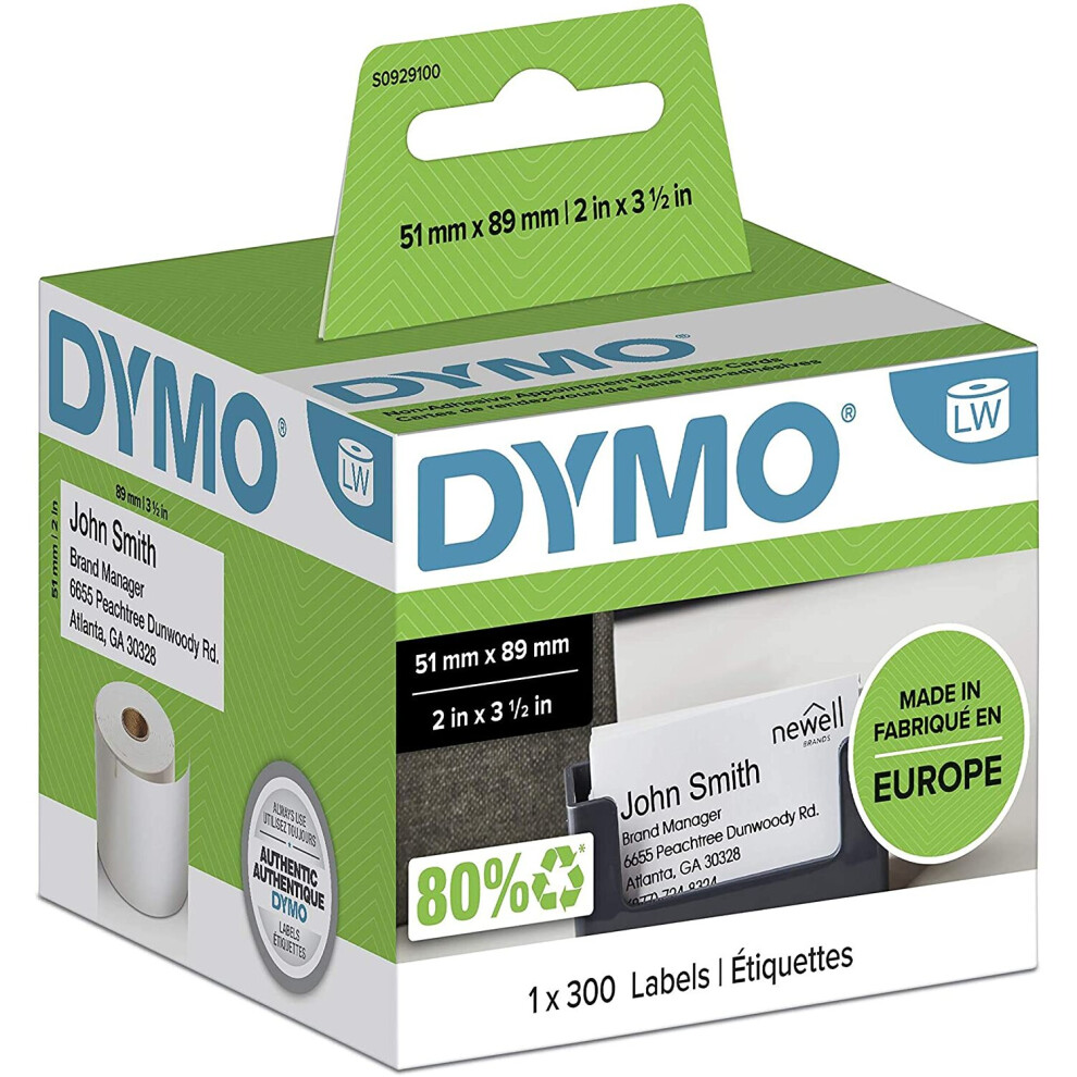 Dymo LW Name Badge Cards, Non Adhesive, 51mm x 89mm, Roll of 300, Black Print on White, for LabelWriter Label Makers, Authentic
