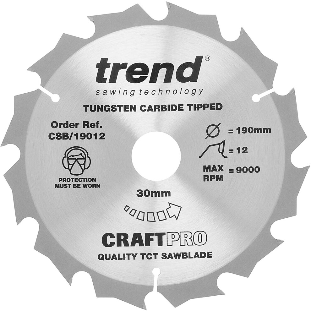 Trend Csb/19012 Craft Pro Rip Tct Circular Saw Blade, 190Mm X 12 Teeth X 30Mm Bore, Tungsten Carbide Tipped