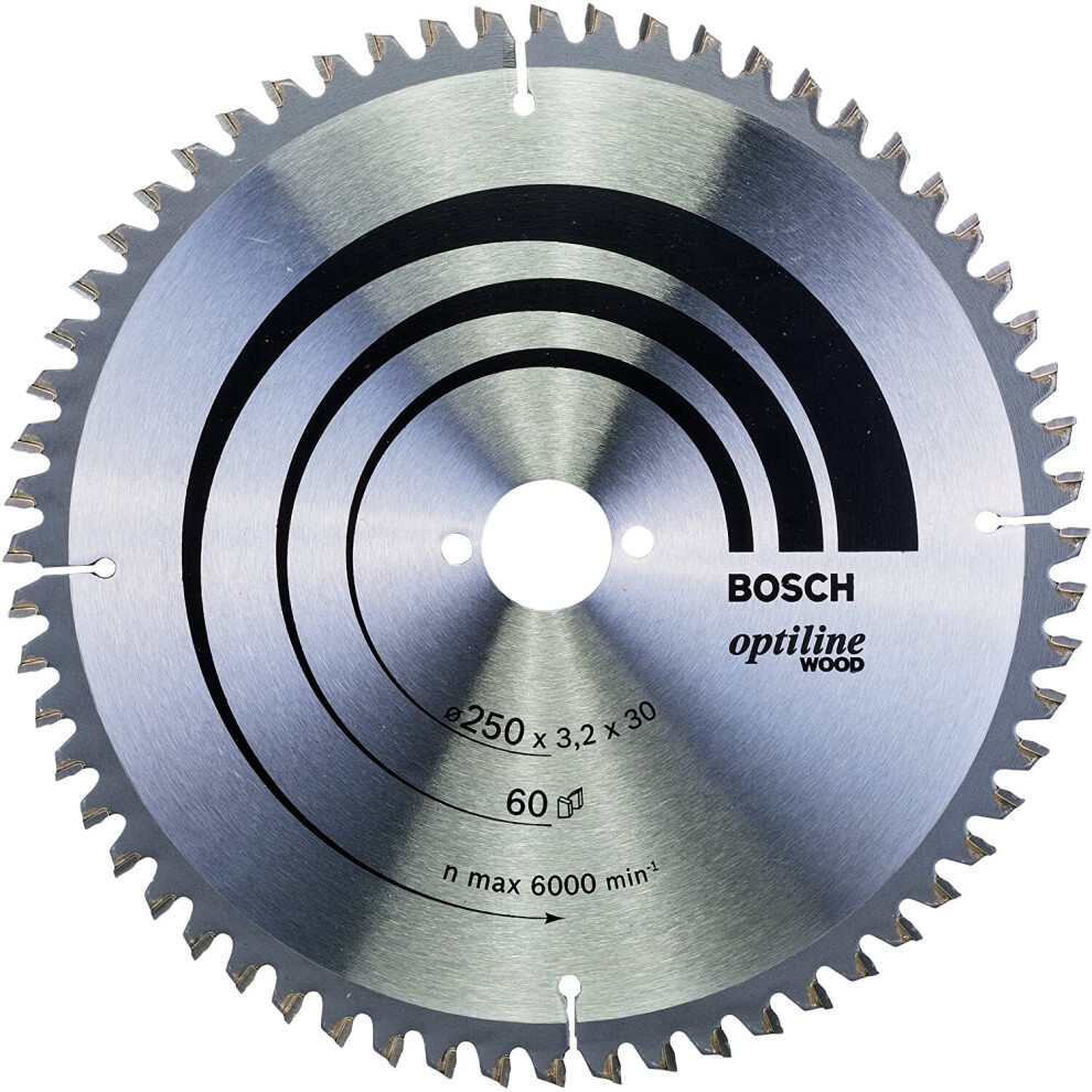 Bosch 2608640644 Optiline Mitre Circular Saw Blade for Wood, 250mm x 3.2mm x 30mm, 60 Teeth, Silver