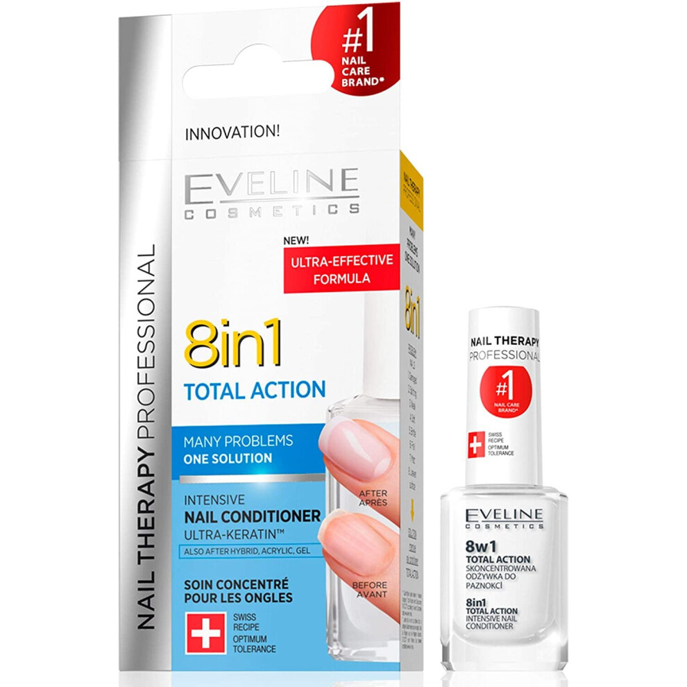 Eveline Cosmetics Nail Therapy Professional 8in1 Total Action Concentrated Hardening and Strengthening Polish Nail Serum | 12 ML | Growth Activator |